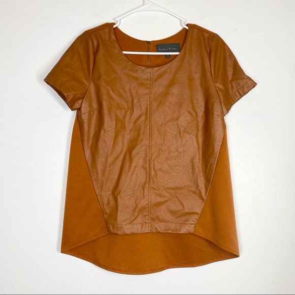 Anthropologie Tops - ANTHRO Leather Front Tee Shirt Top Sunday In Brooklyn XS Vegan Orange